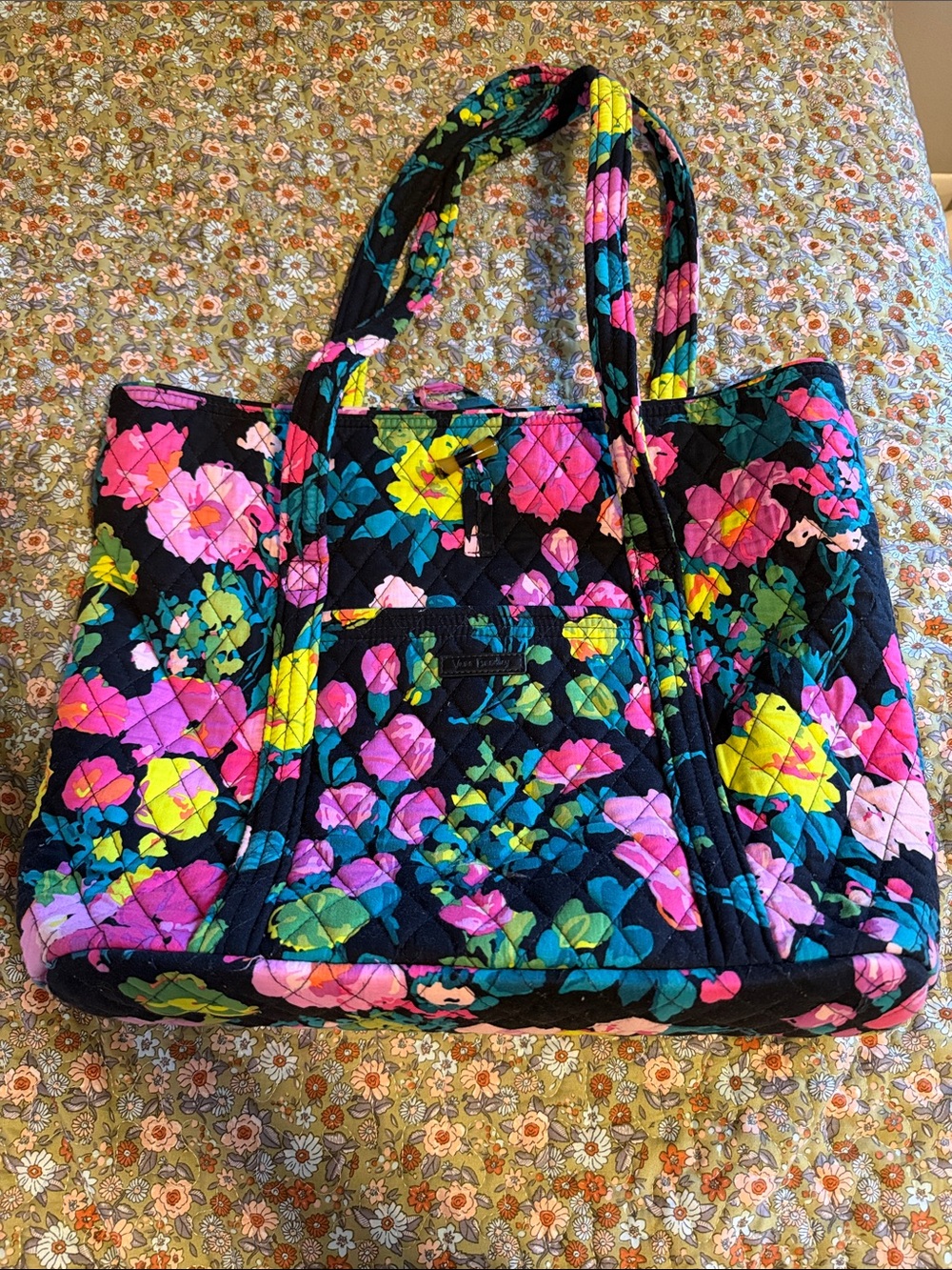 Vera Bradley Black Quilted Tote with Neon Floral Print